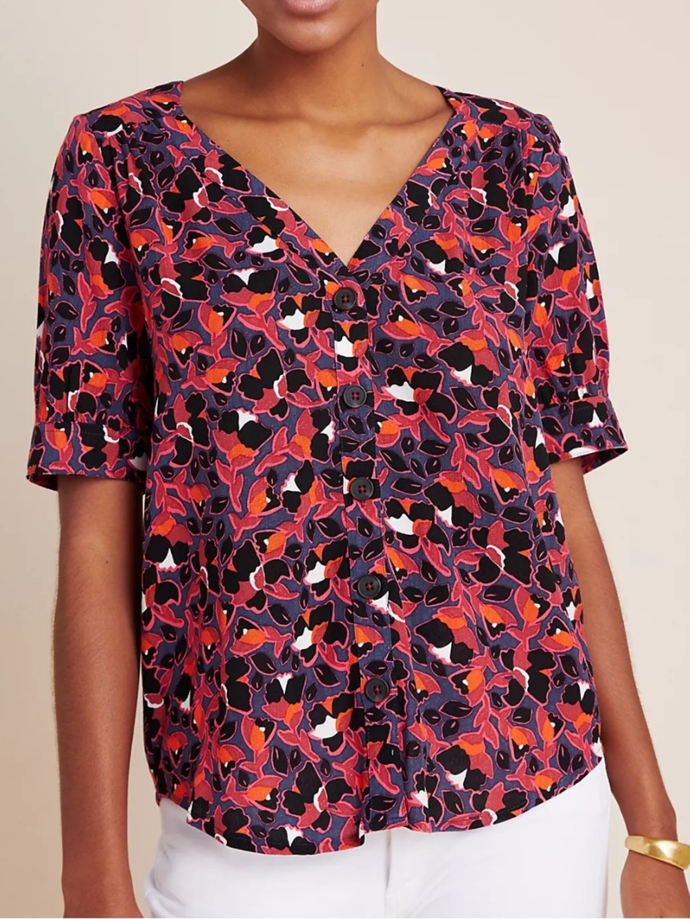 Anthropologie Maeve Blaise Button Down Blouse Floral Print Orange Black-4
